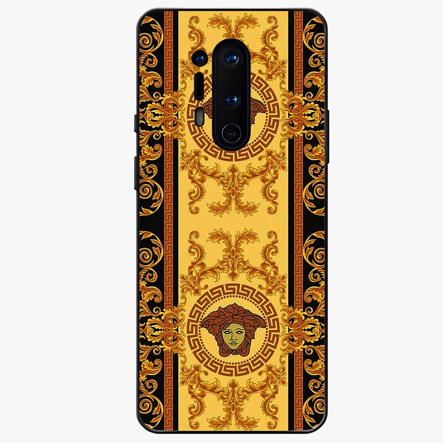 Golden Royal Heritage Glass Case showing flat back view with ornate royal pattern artwork and glossy glass finish.