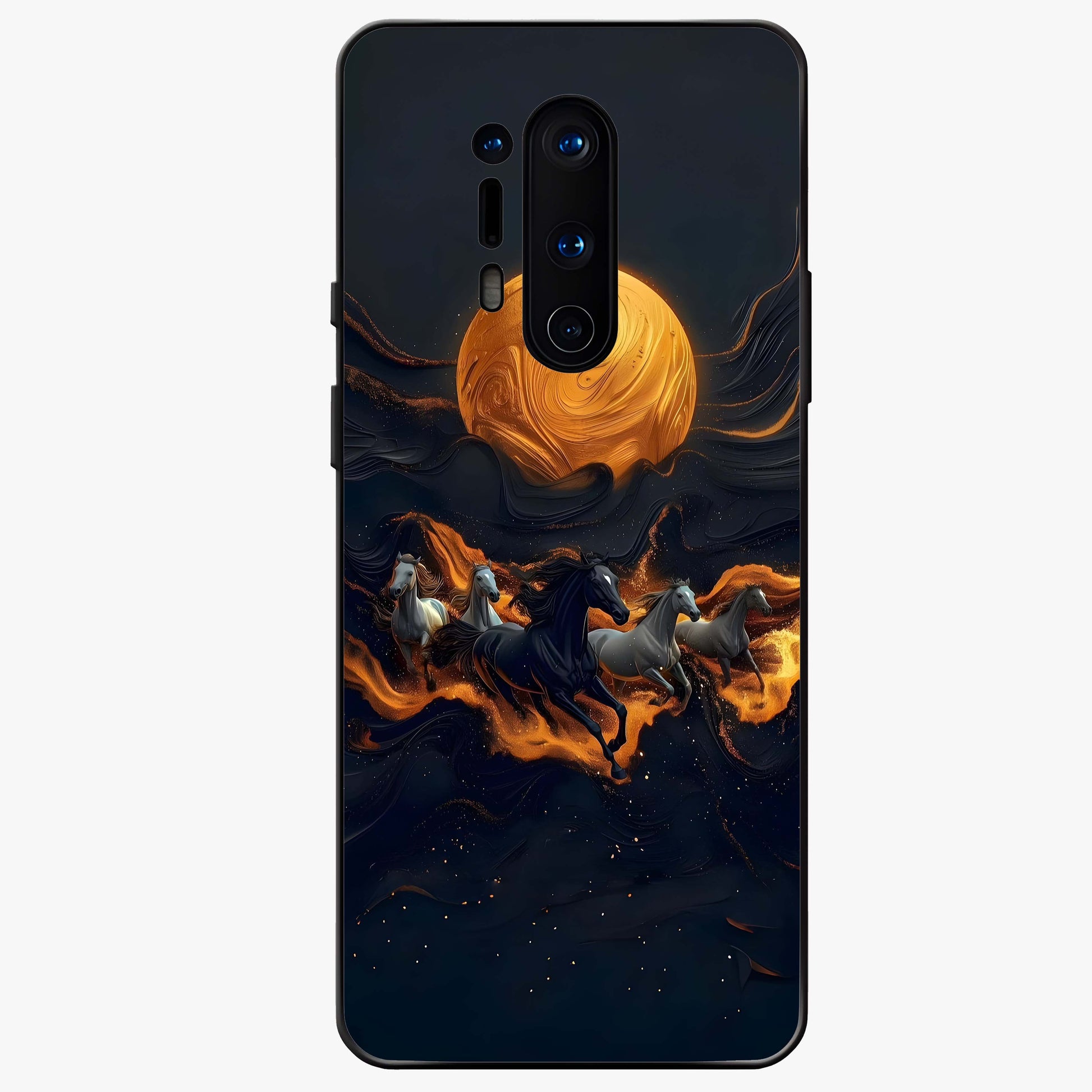 Golden Stallion Moonride Glass Case showing flat back view with majestic horse under moonlight artwork and glossy glass finish.