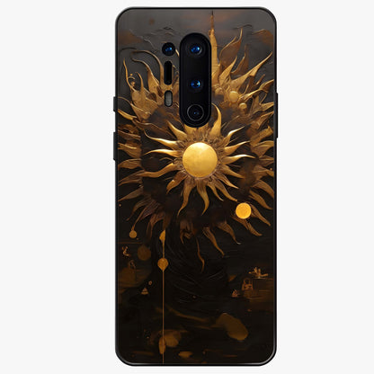 Golden Sun Majesty Glass Case showing flat back view with radiant golden sun artwork and glossy glass finish.
