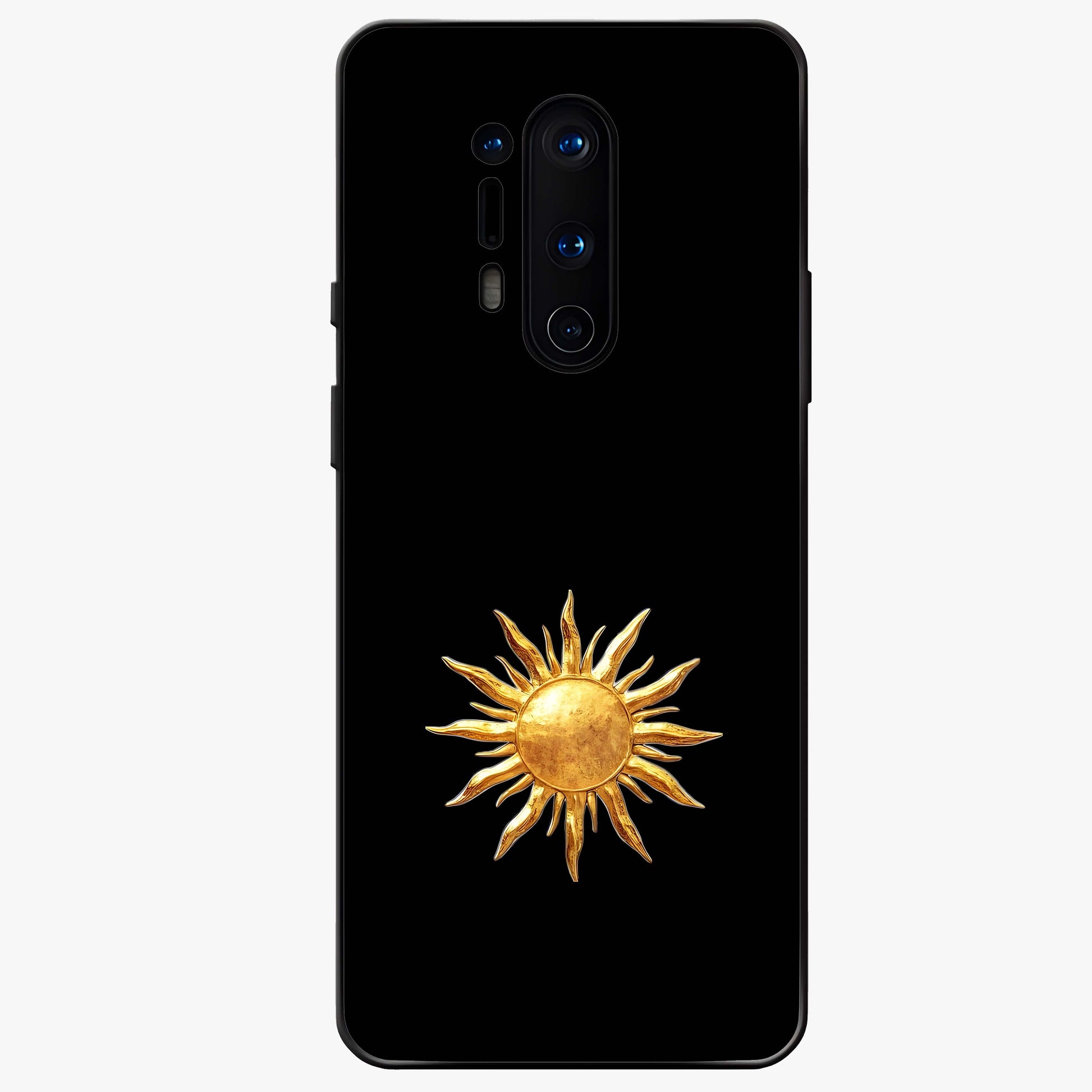 Golden Sun Minimalism Glass Case showing flat back view with minimal golden sun artwork and glossy glass finish.