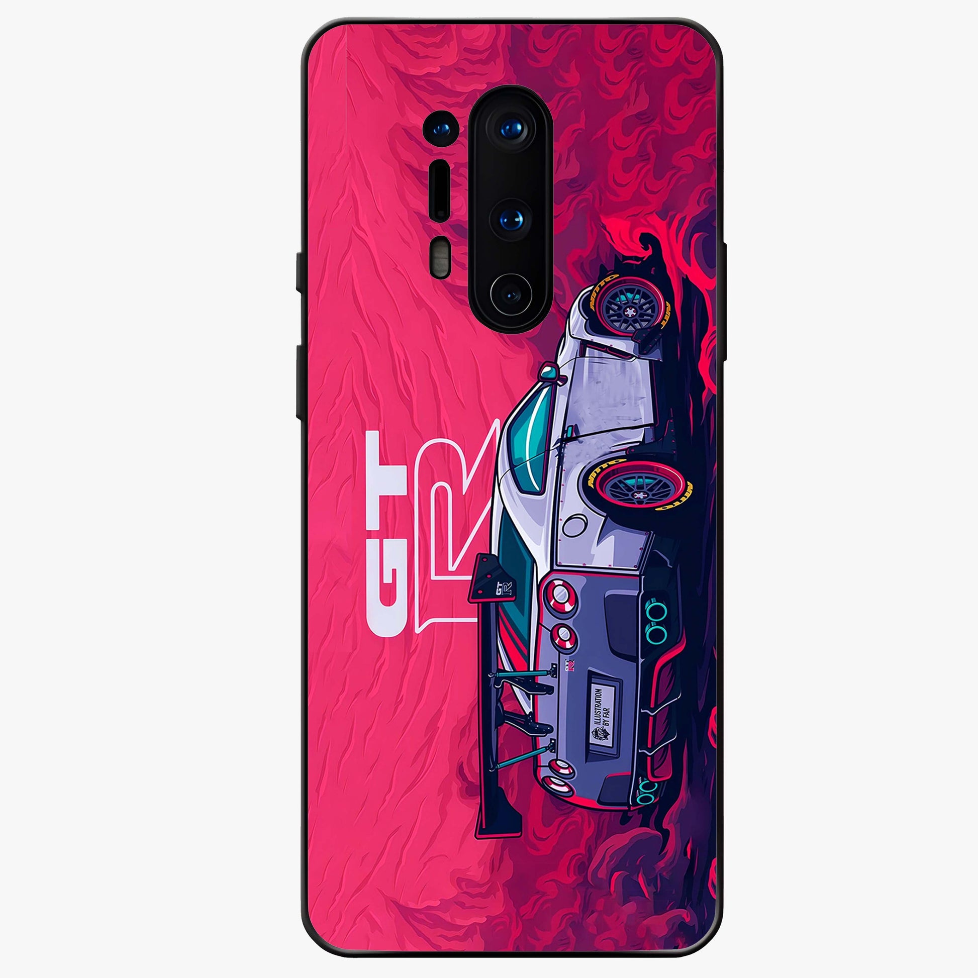 GT-R Car Pattern Glass Case showing flat back view with sporty car inspired pattern artwork and glossy glass finish.