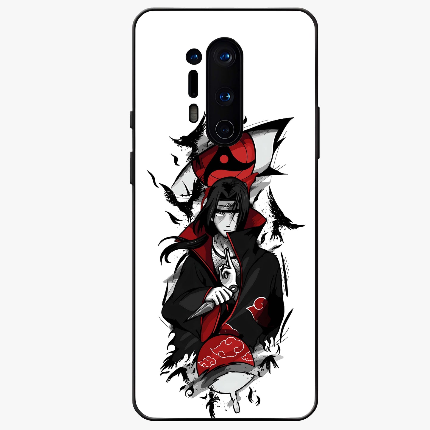 Itachi Sharingan Glass Case showing flat back view with powerful anime eye artwork and glossy glass finish.