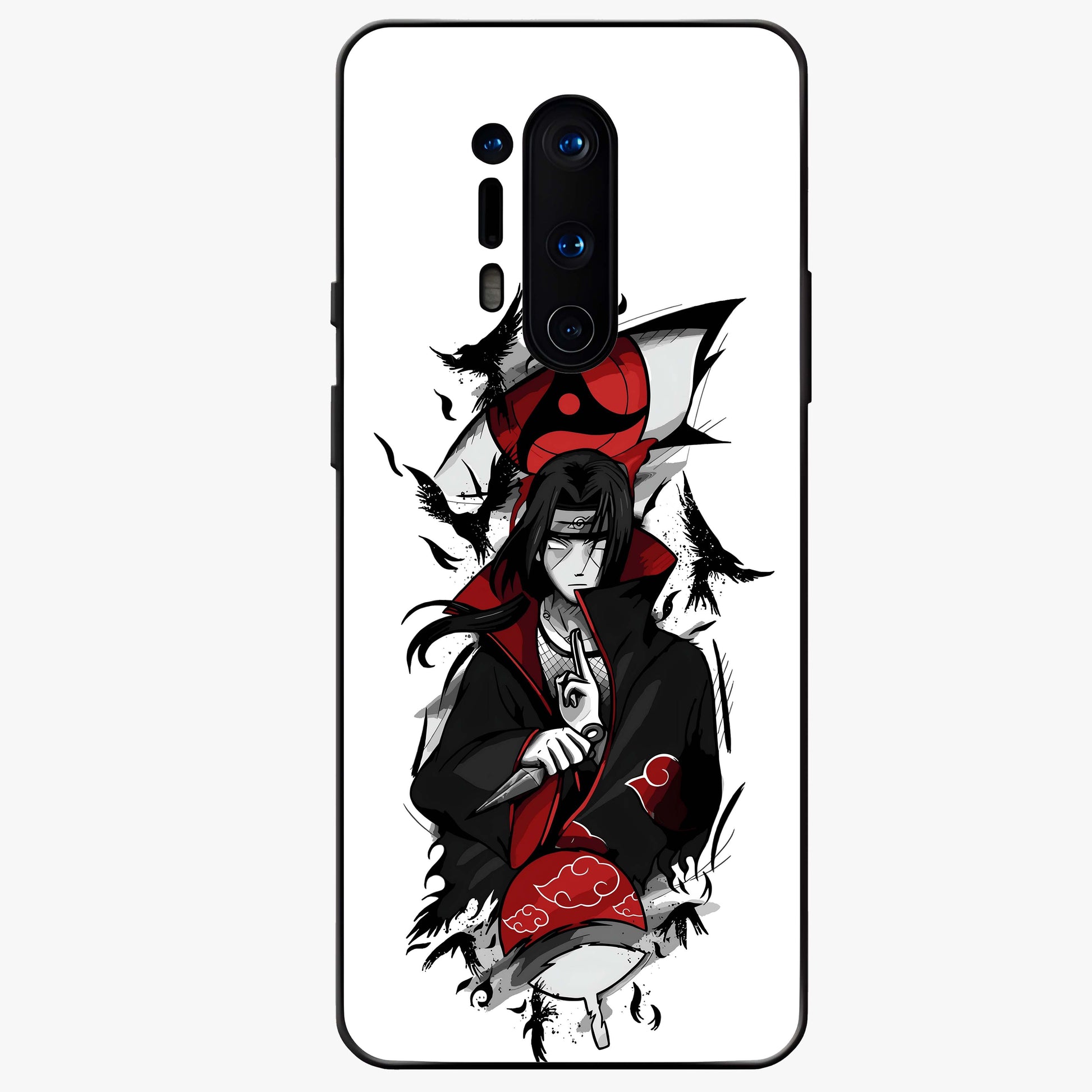 Itachi Sharingan Glass Case showing flat back view with powerful anime eye artwork and glossy glass finish.