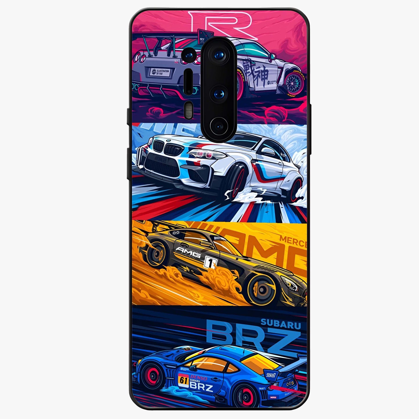 JDM Sports Car Glass Case showing flat back view with high performance sports car artwork and glossy glass finish.