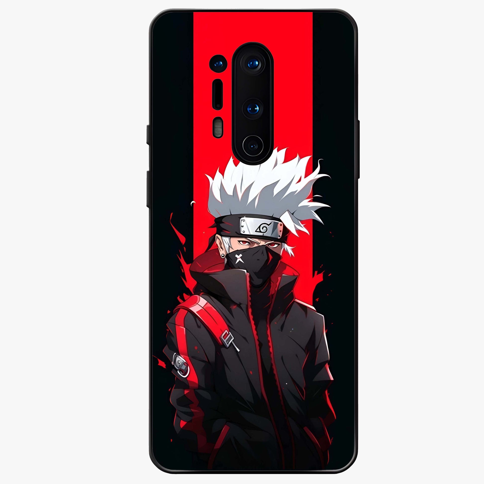 Kakashi Scarlet Shadow Glass Case showing flat back view with powerful anime ninja artwork and glossy glass finish.