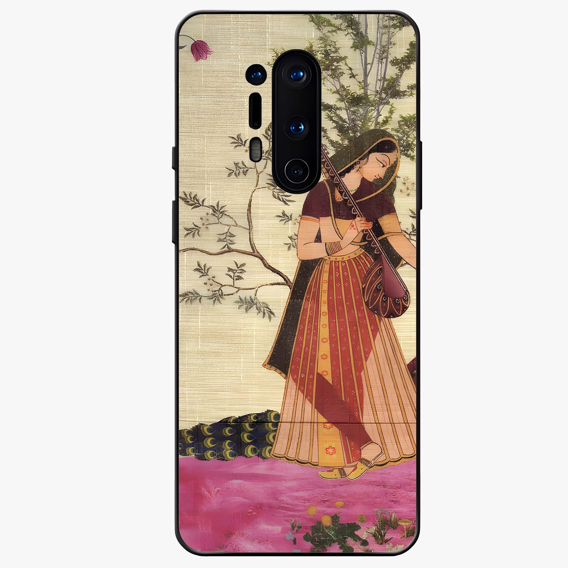 Lady With Veena Art Glass Case showing flat back view with elegant woman playing veena artwork and glossy glass finish.