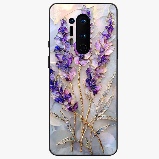 Lavender Dream Glow Glass Case showing flat back view with glowing lavender aesthetic artwork and glossy glass finish.