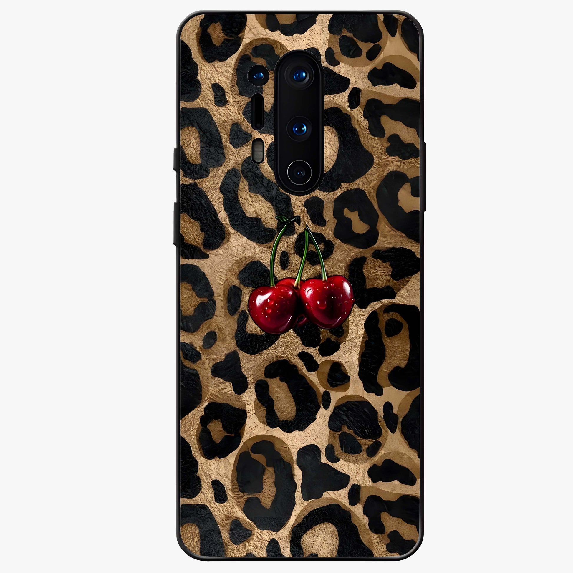 Leopard Wild Cherry Glass Case showing flat back view with leopard pattern and cherry artwork and glossy glass finish.