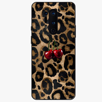 Leopard Wild Cherry Glass Case showing flat back view with leopard pattern and cherry artwork and glossy glass finish.