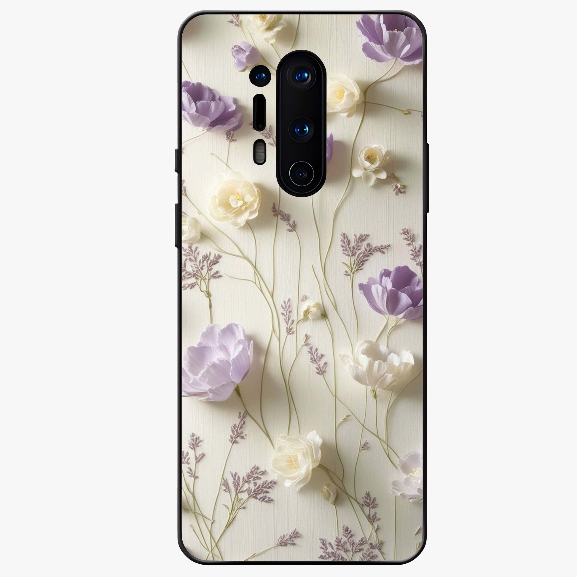 Lilac Breeze Harmony Glass Case showing flat back view with soft lilac themed artwork and glossy glass finish.