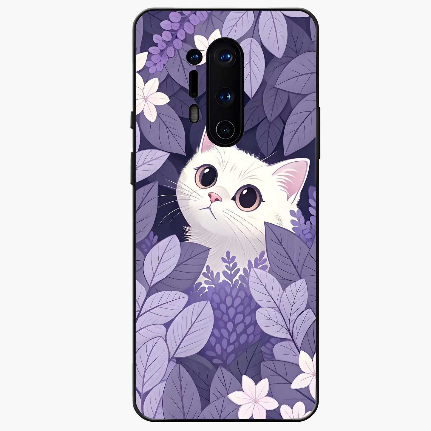 Lilac Hide Peek Cat Glass Case showing flat back view with cute peeking cat artwork and glossy glass finish.