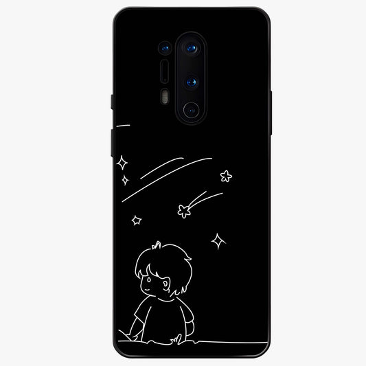 Line Art Boy With Shooting Stars Glass Case showing flat back view with minimal line art boy and shooting stars illustration and glossy glass finish.