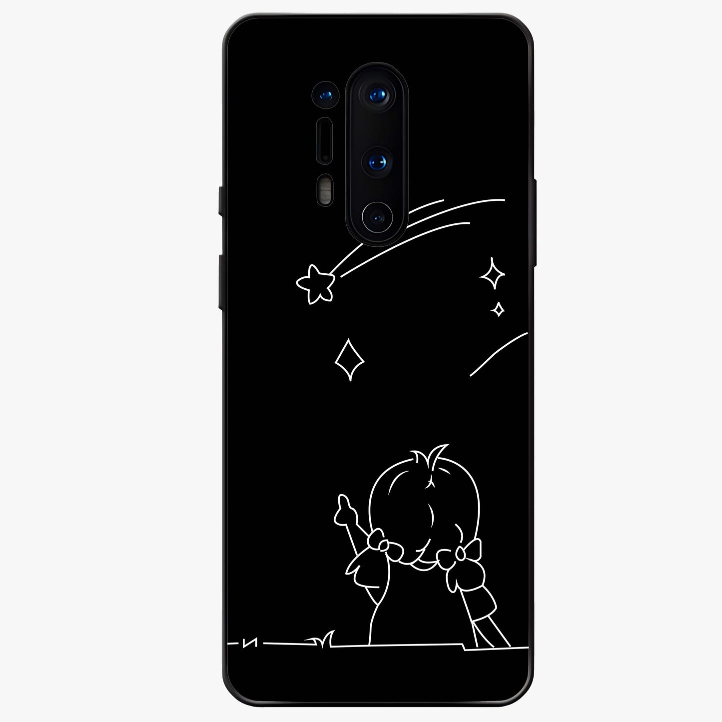 Line Art Girl With Shooting Stars Glass Case showing flat back view with minimal line art girl and shooting stars illustration and glossy glass finish.