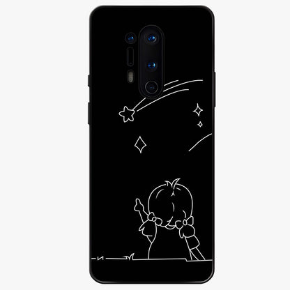 Line Art Girl With Shooting Stars Glass Case showing flat back view with minimal line art girl and shooting stars illustration and glossy glass finish.