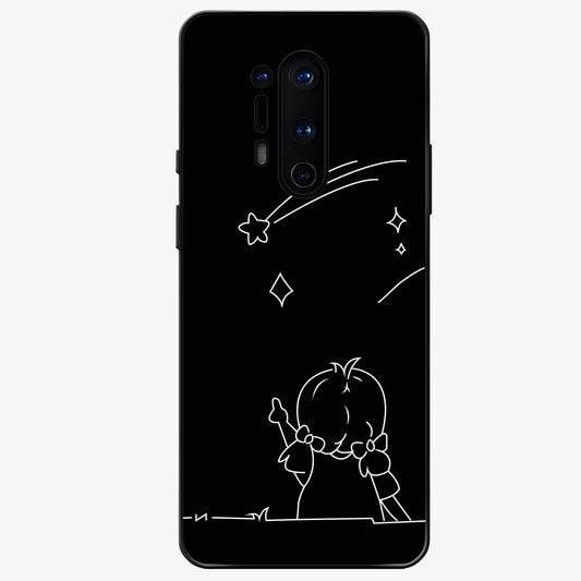 Line Art Girl With Shooting Stars Glass Case showing flat back view with minimal line art girl and shooting stars illustration and glossy glass finish.