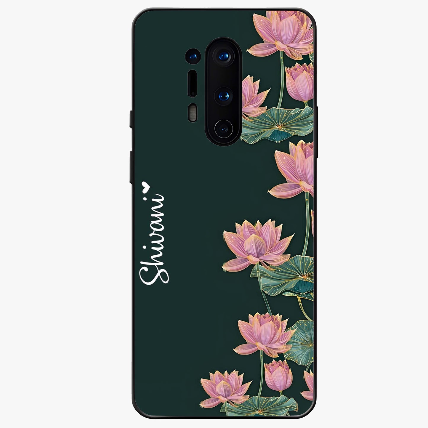 Lotus Bloom Serenity Custom Name Glass Case showing flat back view with elegant lotus flower artwork and personalized name design.