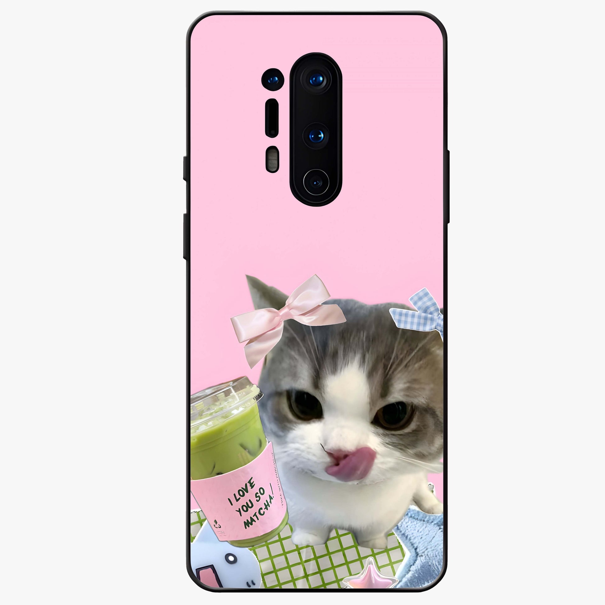 Love Matcha Cat Glass Case showing flat back view with cute cat and matcha themed artwork and glossy glass finish.