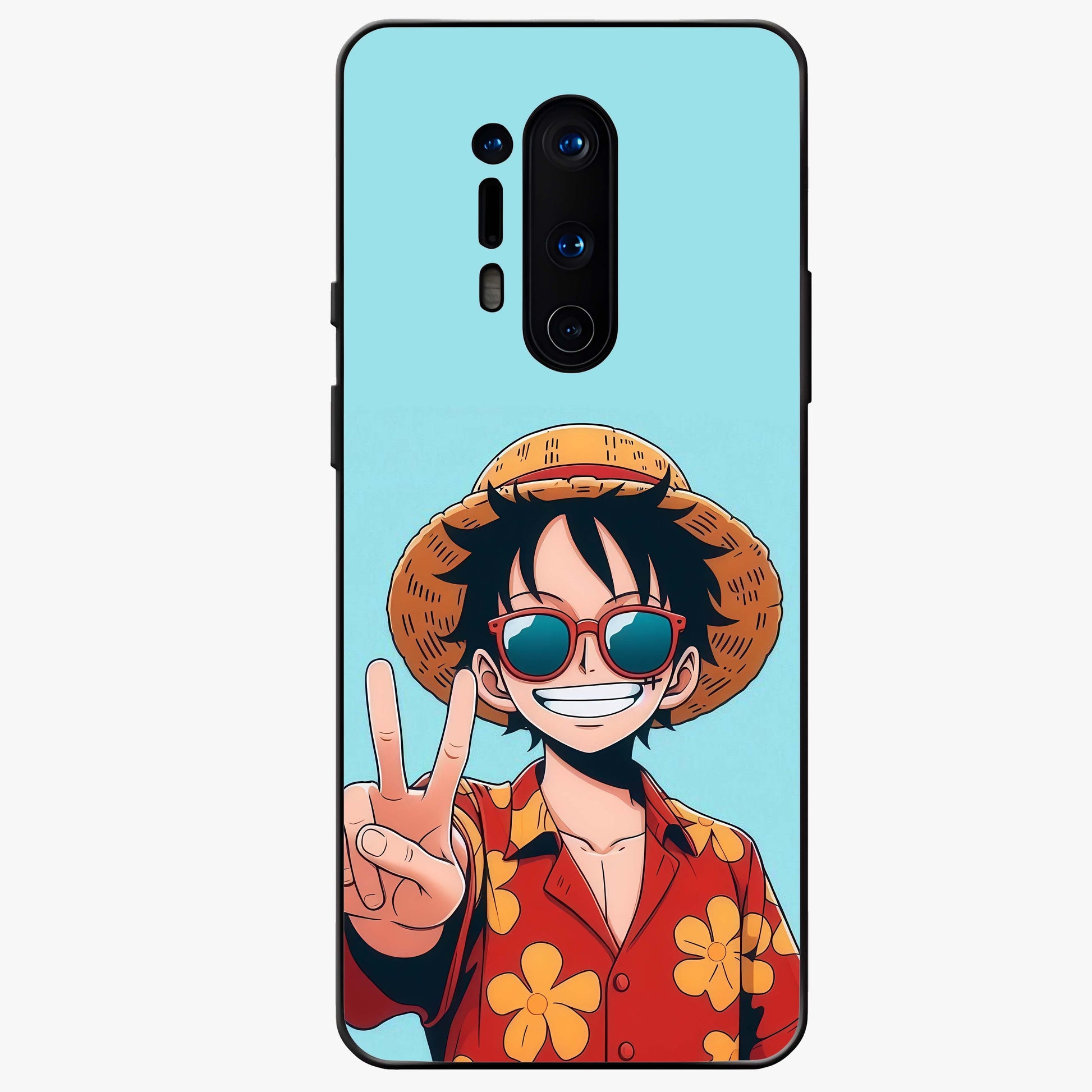 Luffy Summer Anime Vibe Glass Case showing flat back view with vibrant anime character artwork and glossy glass finish.