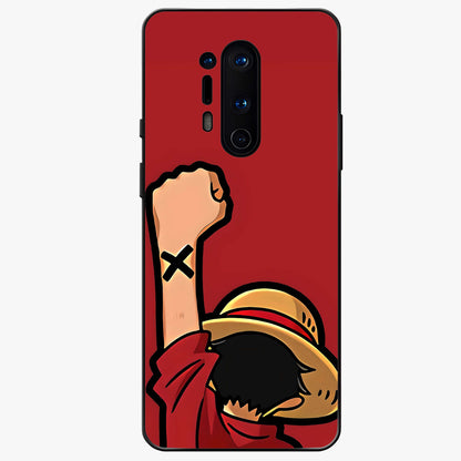 Luffy X Spirit Glass Case showing flat back view with bold anime character artwork and glossy glass finish.