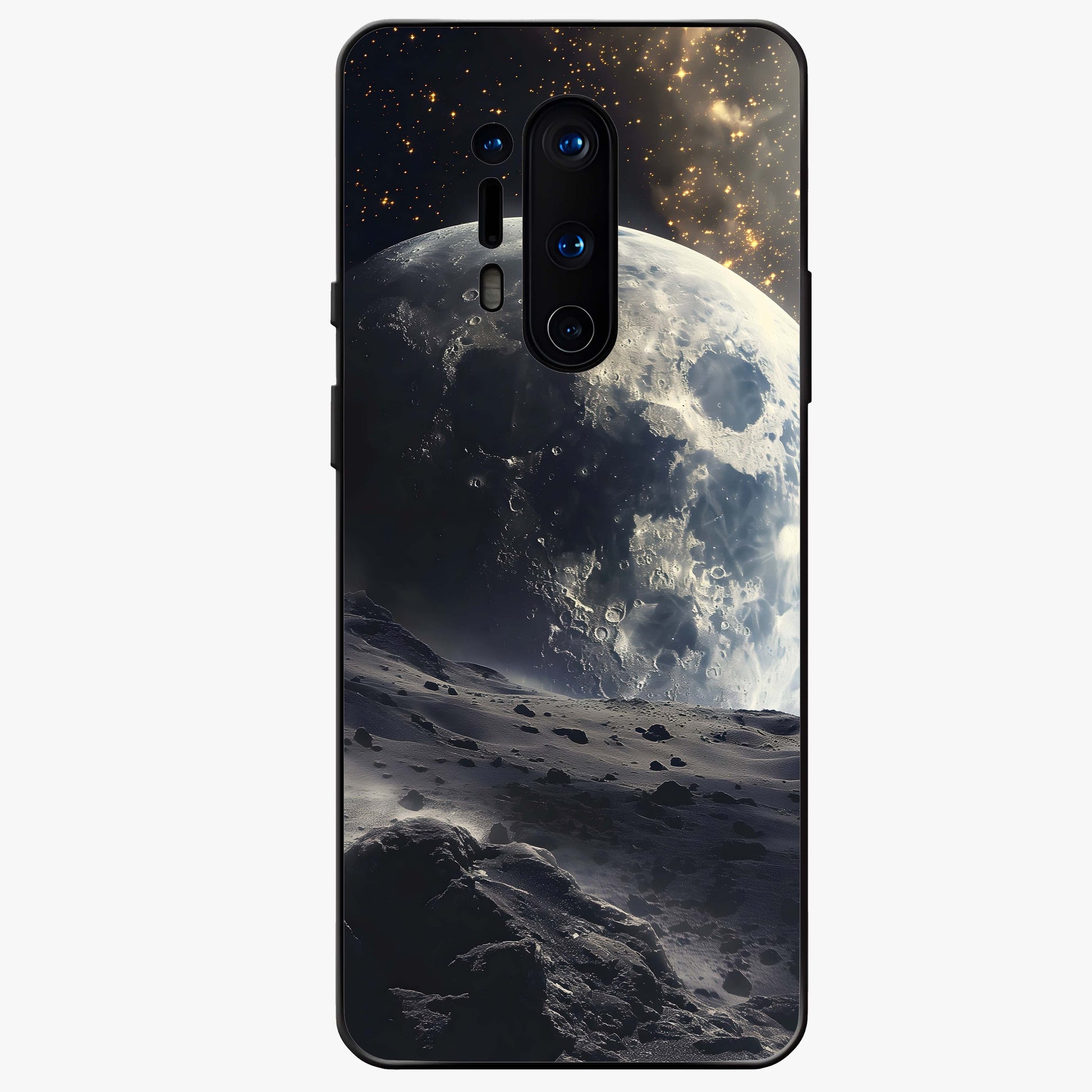 Lunar Horizon Glow Glass Case showing flat back view with glowing moon horizon artwork and glossy glass finish.