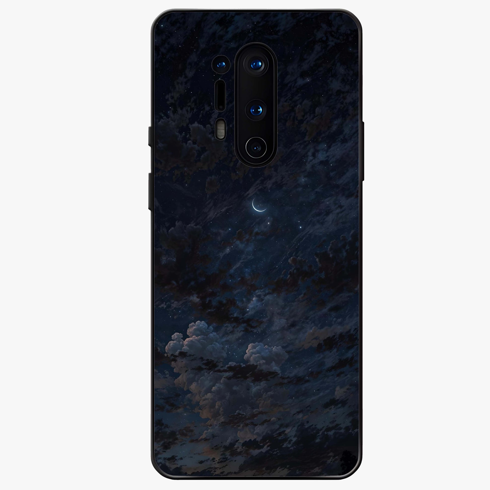 Lunar Veil Silence Glass Case showing flat back view with mystical moon veil artwork and glossy glass finish.