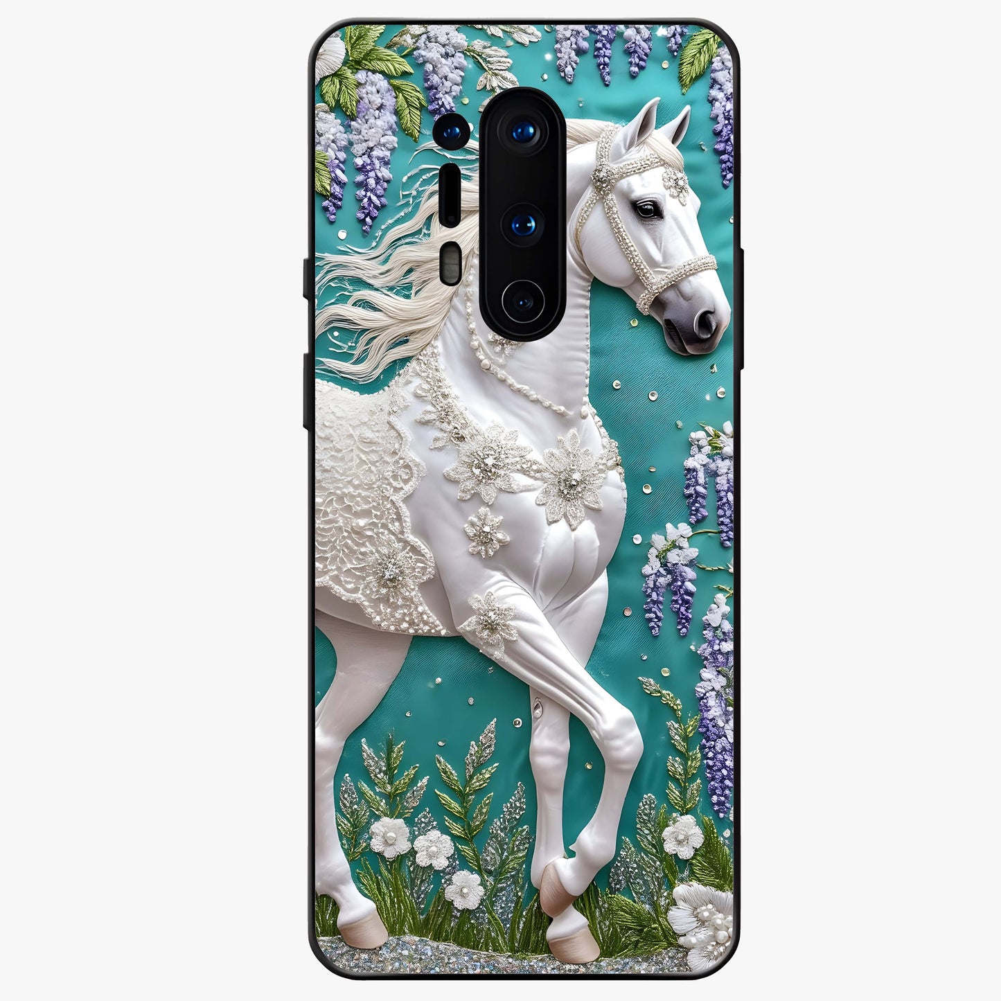 Majestic Floral Stallion Glass Case showing flat back view with powerful horse and floral artwork and glossy glass finish.