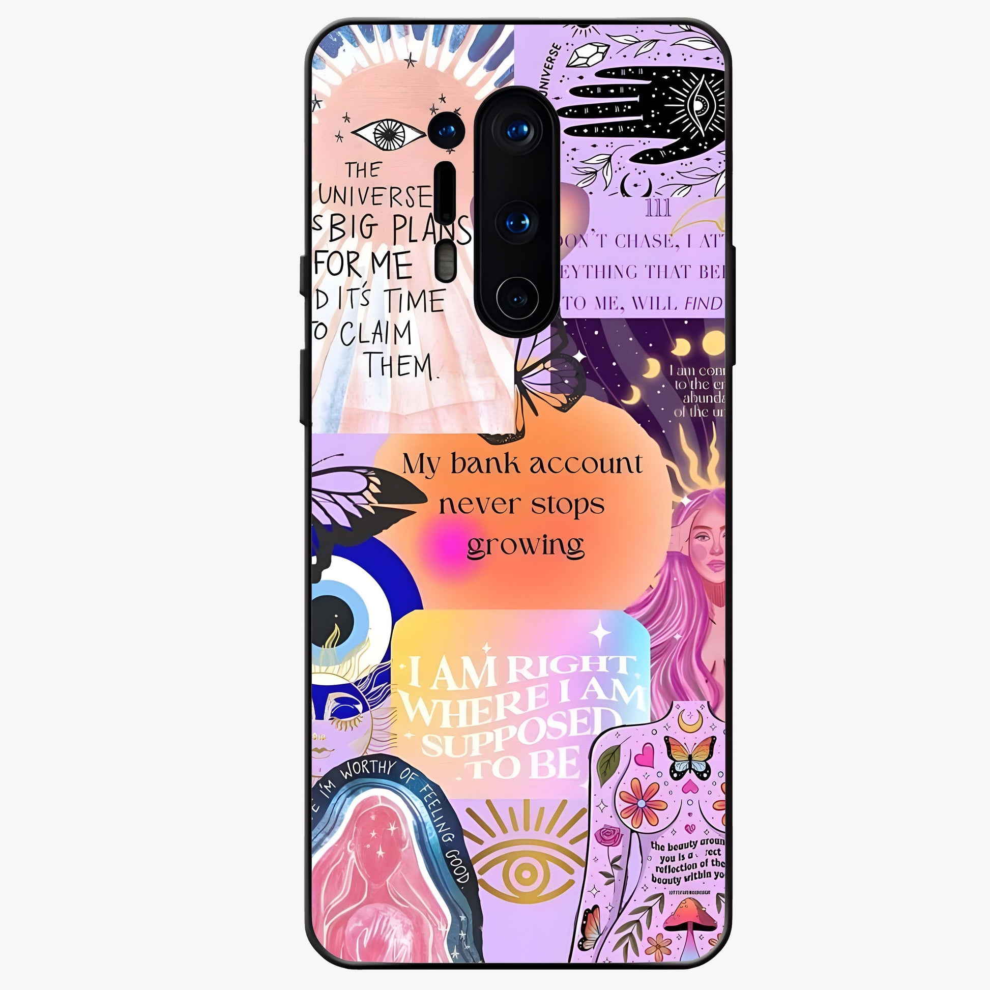 Manifestation Collage Glass Case showing flat back view with motivational collage artwork and glossy glass finish.