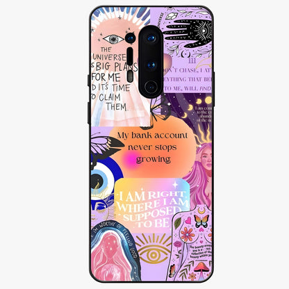 Manifestation Collage Glass Case showing flat back view with motivational collage artwork and glossy glass finish.
