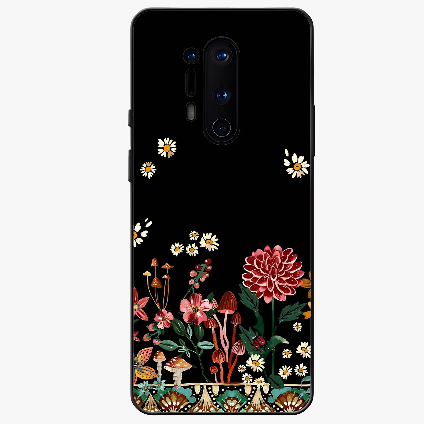 Midnight Bloom Pattern Glass Case showing flat back view with dark floral pattern artwork and glossy glass finish.