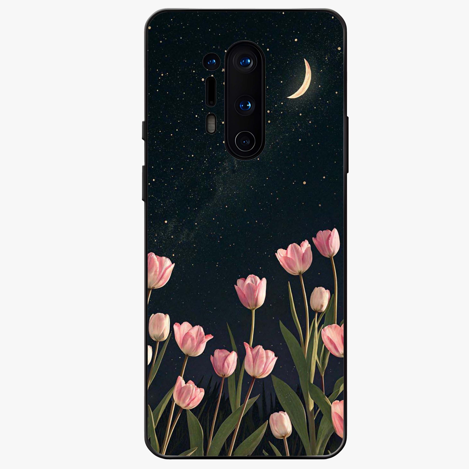 Midnight Tulip Whispers Vibe Glass Case showing flat back view with elegant tulip flower artwork and glossy glass finish.
