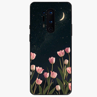 Midnight Tulip Whispers Vibe Glass Case showing flat back view with elegant tulip flower artwork and glossy glass finish.