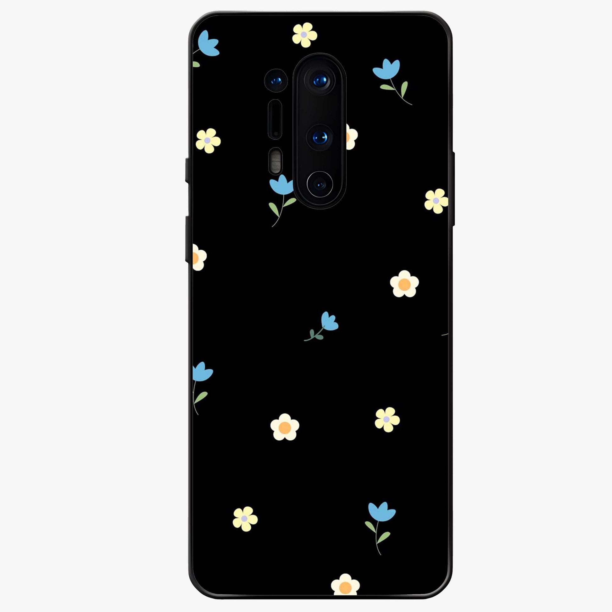 Minimalistic Blue With White Flower Pattern Glass Case showing flat back view with blue background and white flower pattern and glossy glass finish.