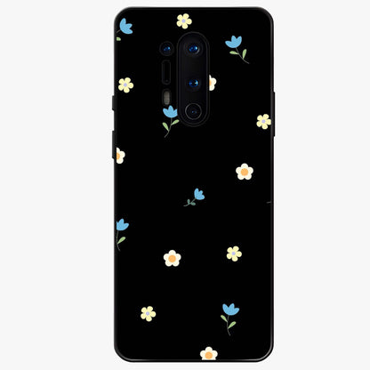 Minimalistic Blue With White Flower Pattern Glass Case showing flat back view with blue background and white flower pattern and glossy glass finish.