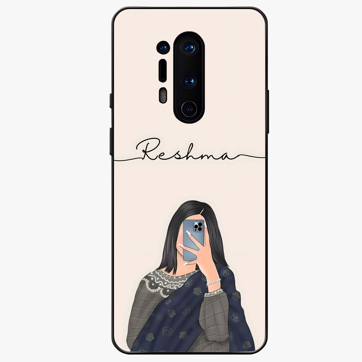 Mirror Mood Muse With Custom Name Glass Case showing flat back view with stylish mirrored artwork and personalized name design.