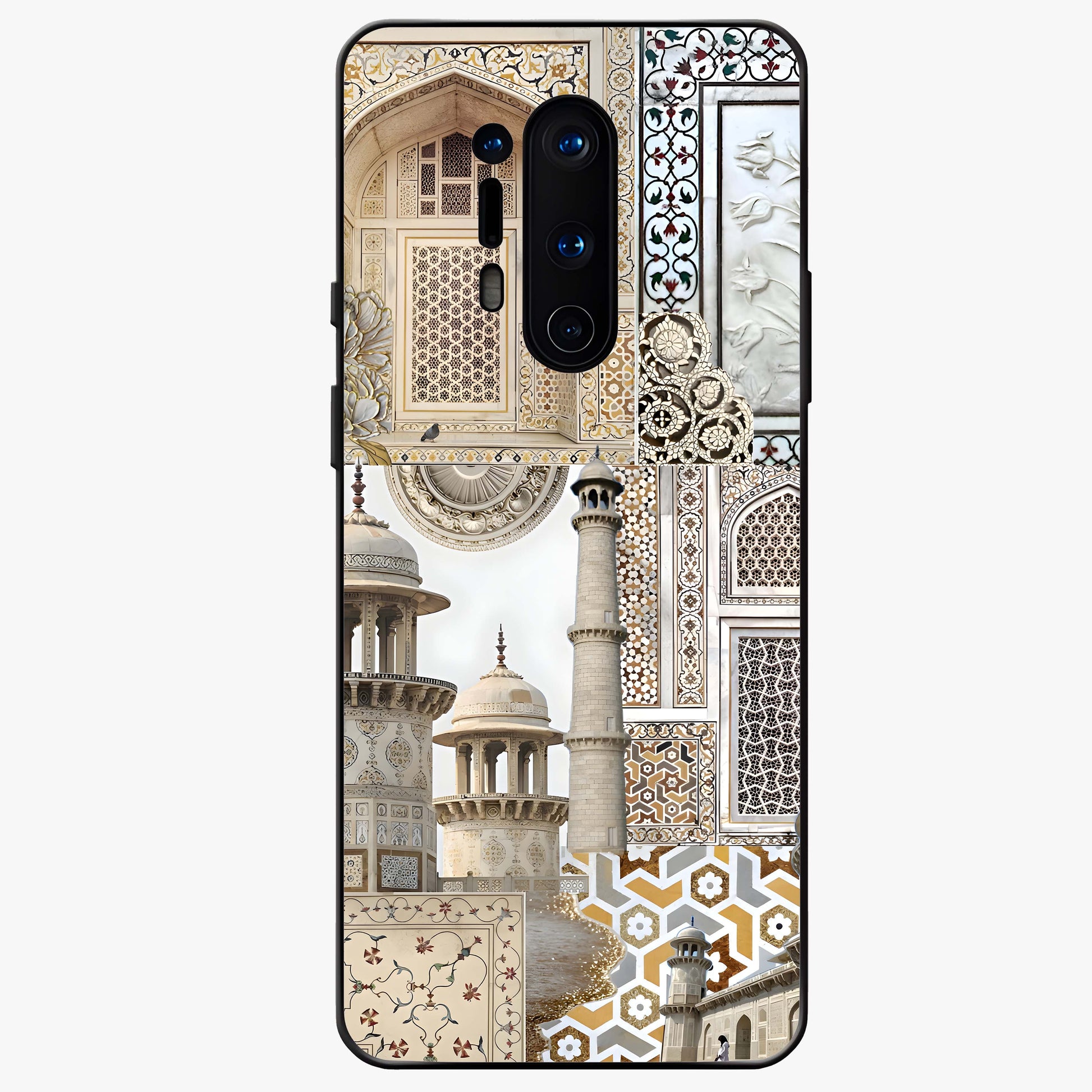 Mughal Marble Legacy Glass Case showing flat back view with intricate Mughal inspired marble pattern and glossy glass finish.