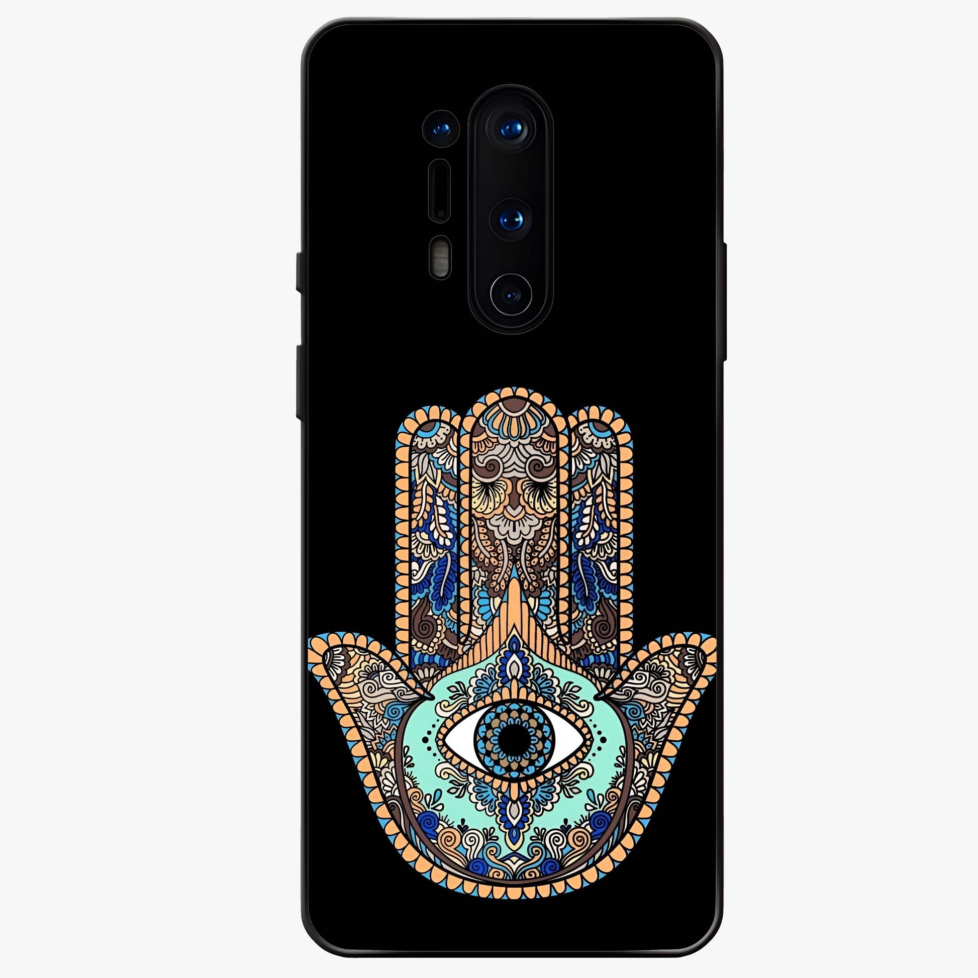 Mystic Hamsa Eye Glass Case showing flat back view with protective hamsa hand and evil eye artwork and glossy glass finish.