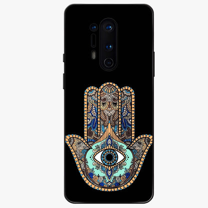 Mystic Hamsa Eye Glass Case showing flat back view with protective hamsa hand and evil eye artwork and glossy glass finish.