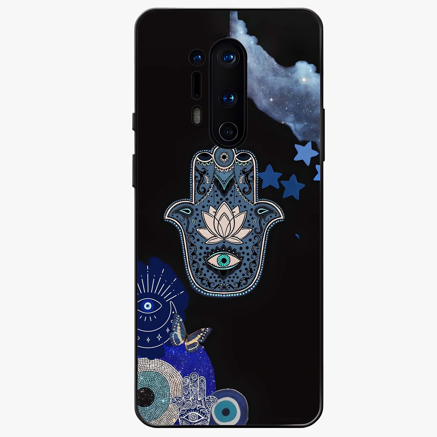 Mystic Hand Aura Glass Case showing flat back view with mystical hand symbol artwork and glossy glass finish.
