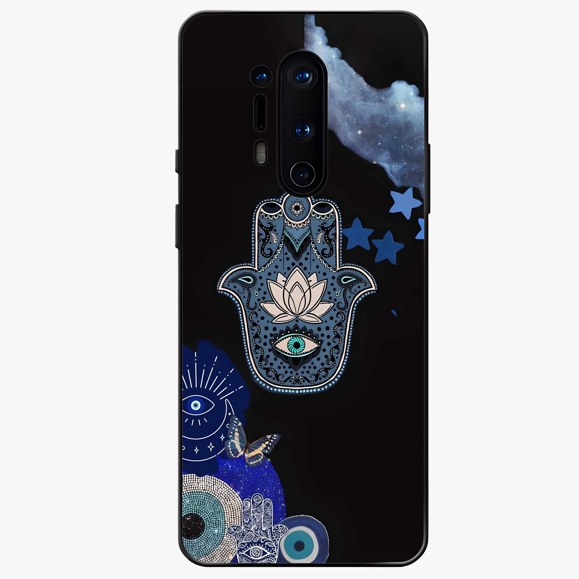 Mystic Hand Aura Glass Case showing flat back view with mystical hand symbol artwork and glossy glass finish.