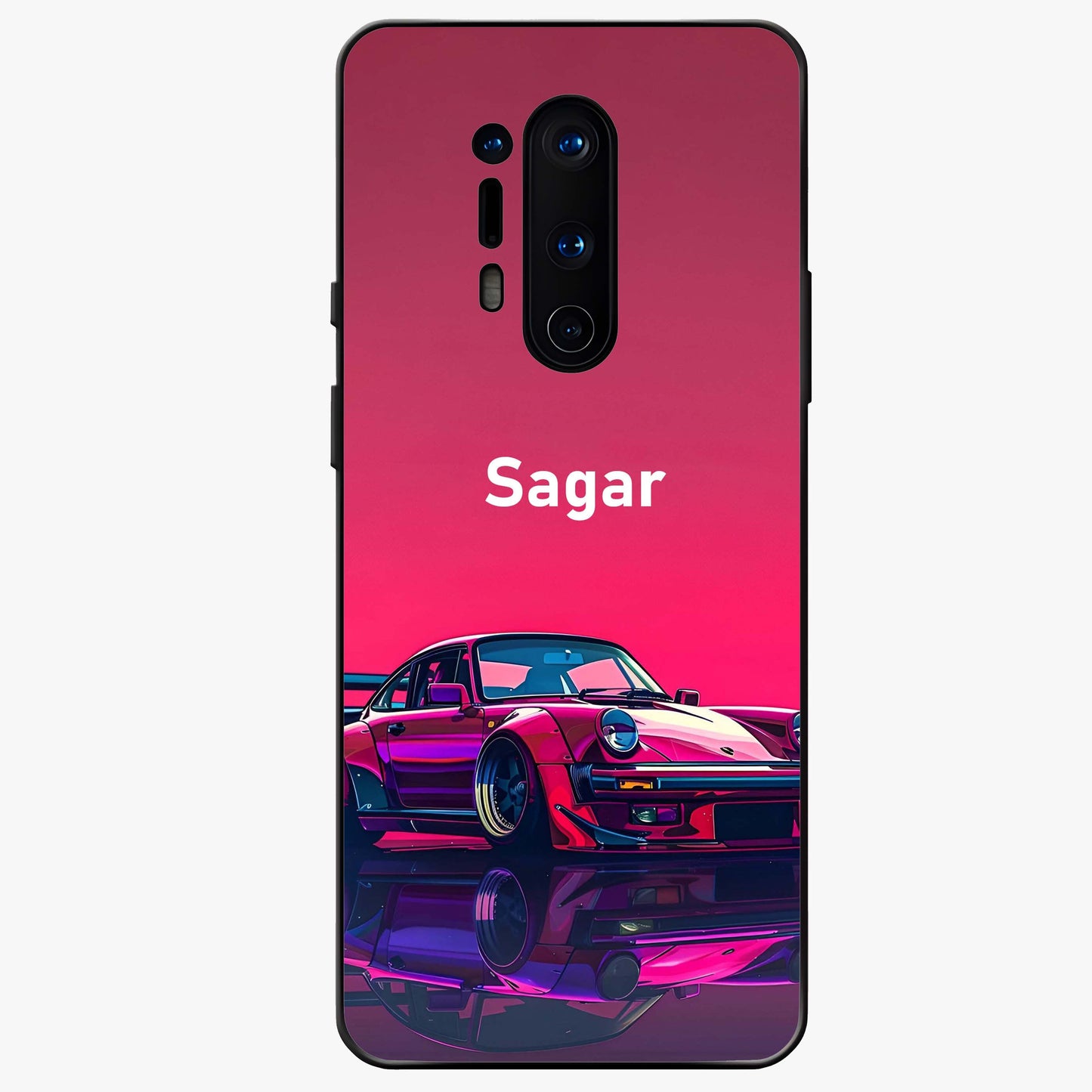 Neon Pink Porsche Glass Case showing flat back view with stylish sports car artwork and glossy glass finish.