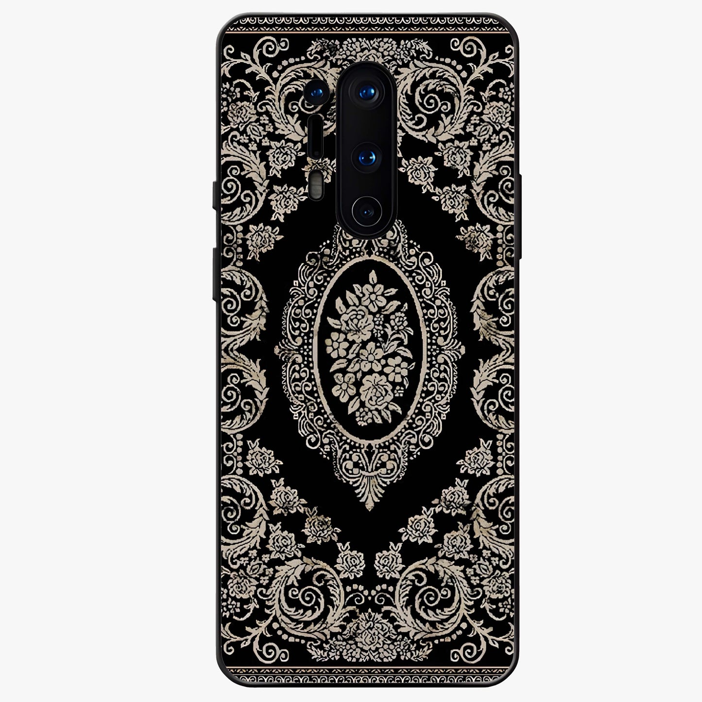 Noir Bloom Elegance Glass Case showing flat back view with elegant dark floral artwork and glossy glass finish.