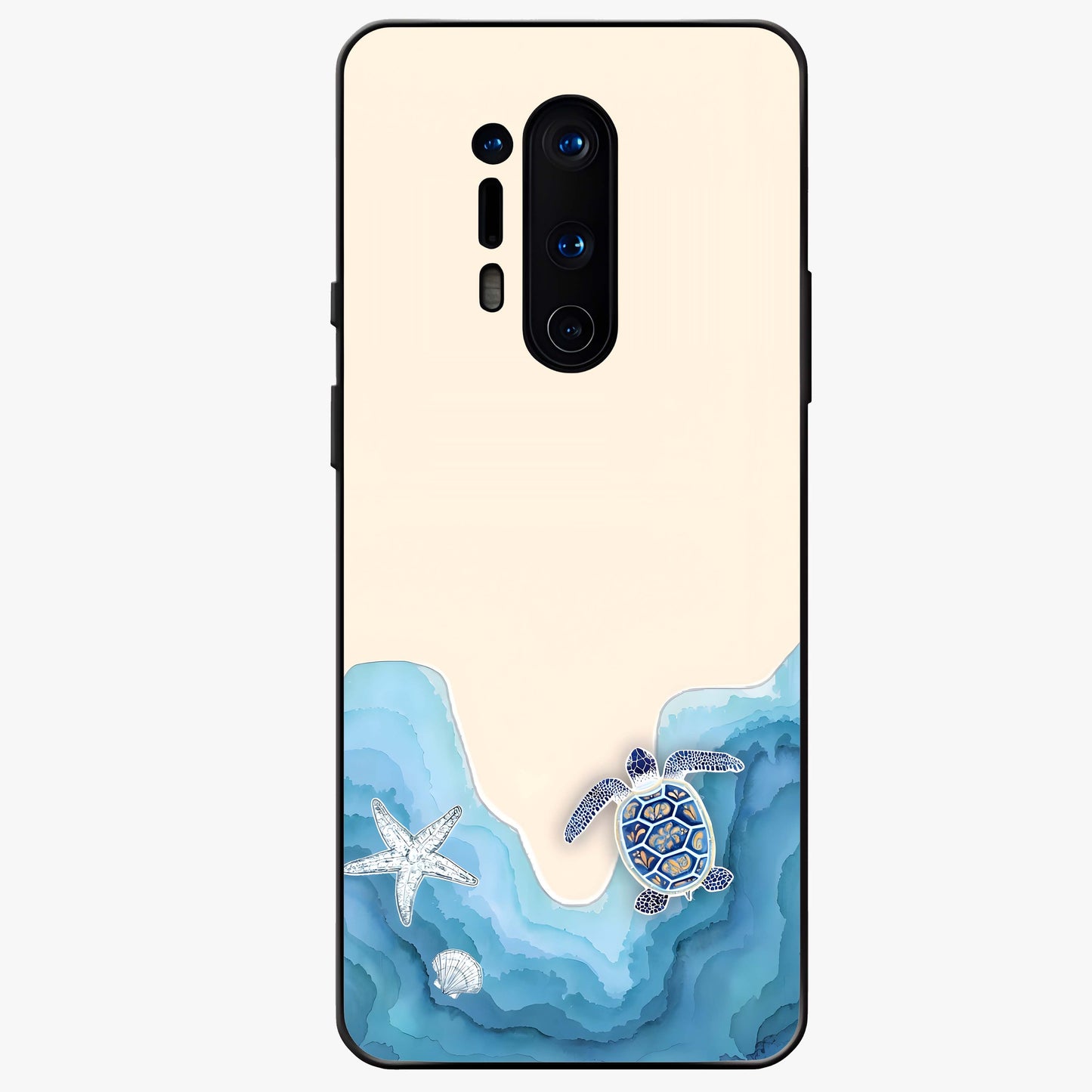 Ocean Drift Turtle Glass Case showing flat back view with sea turtle artwork and glossy glass finish.