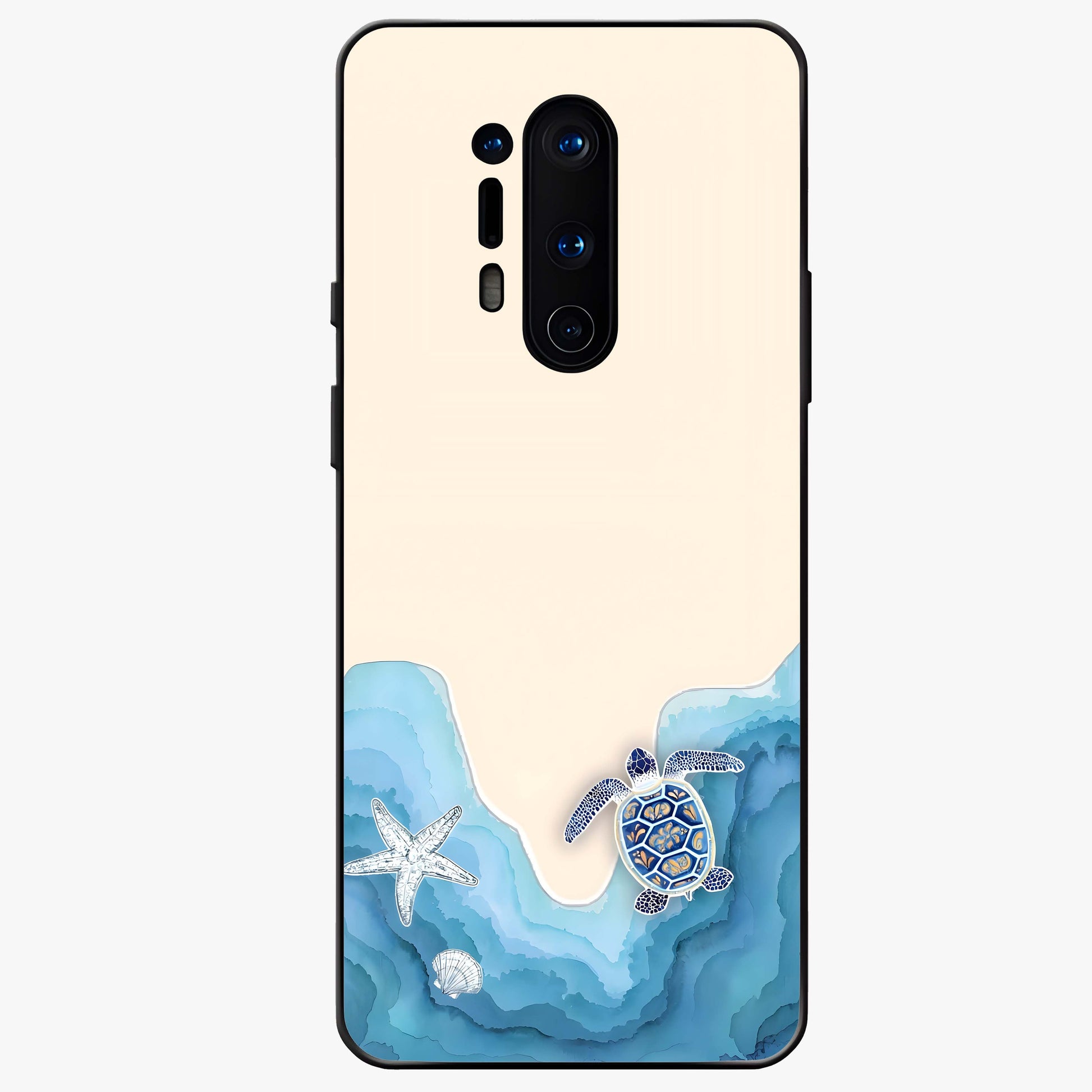 Ocean Drift Turtle Glass Case showing flat back view with sea turtle artwork and glossy glass finish.