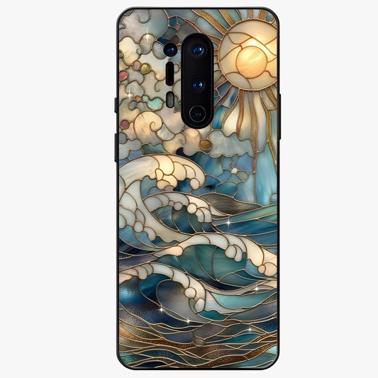 Oceanic Stained Printed Glass Case showing flat back view with ocean inspired stained pattern artwork and glossy glass finish.