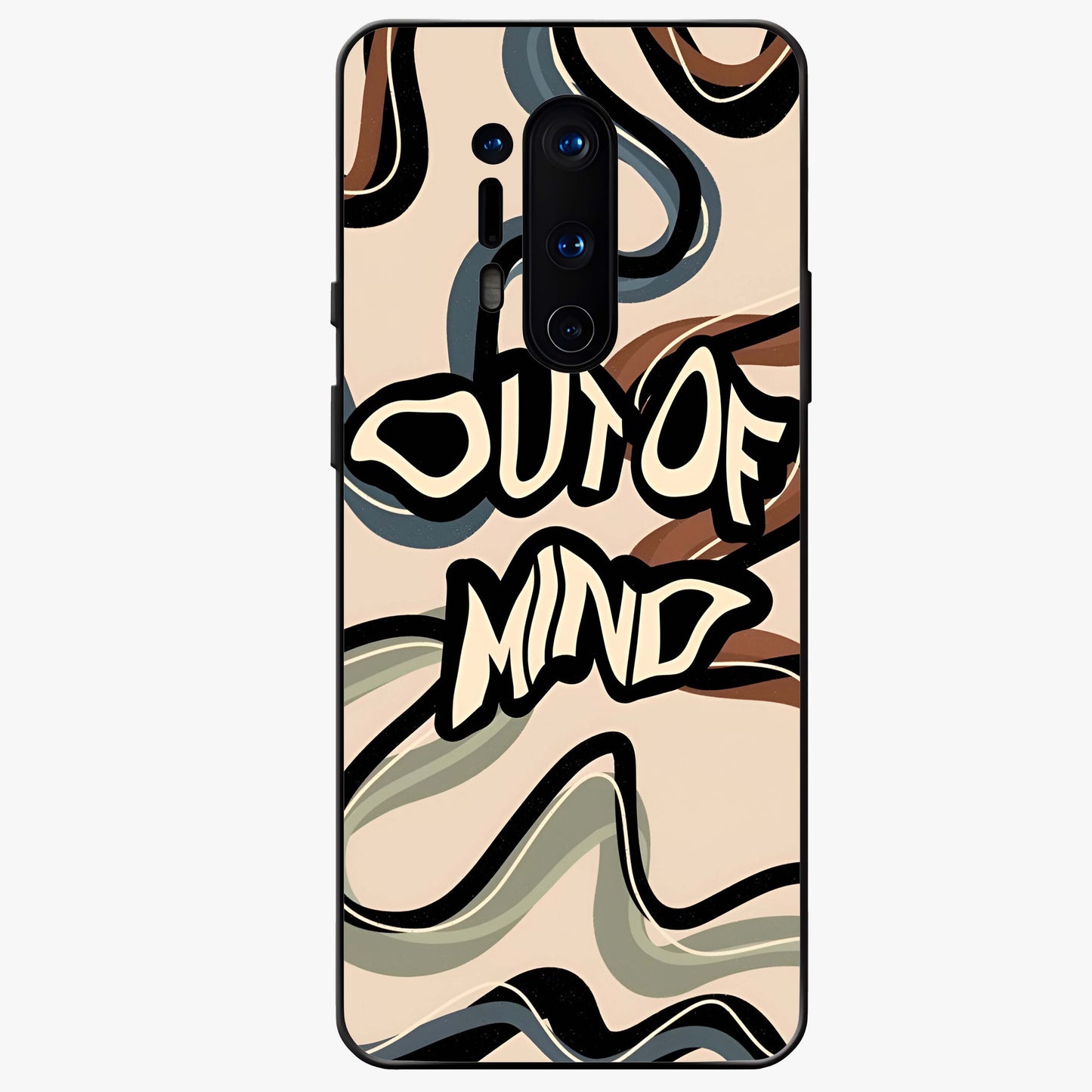 Out Of Mind Glass Case showing flat back view with expressive typography artwork and glossy glass finish.