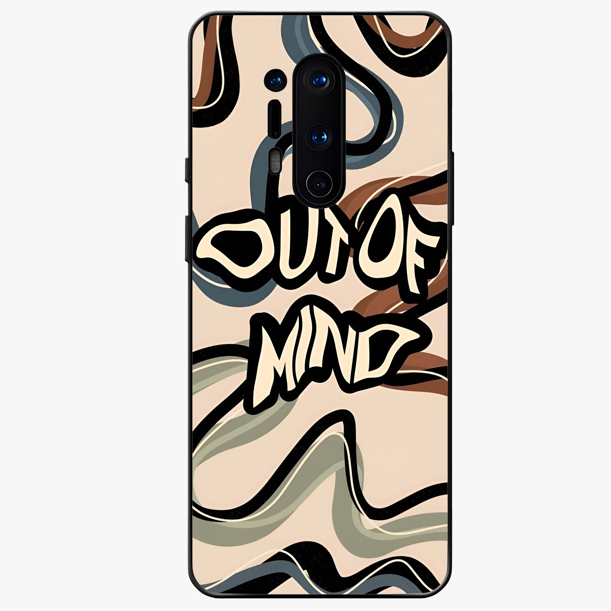 Out Of Mind Glass Case showing flat back view with expressive typography artwork and glossy glass finish.