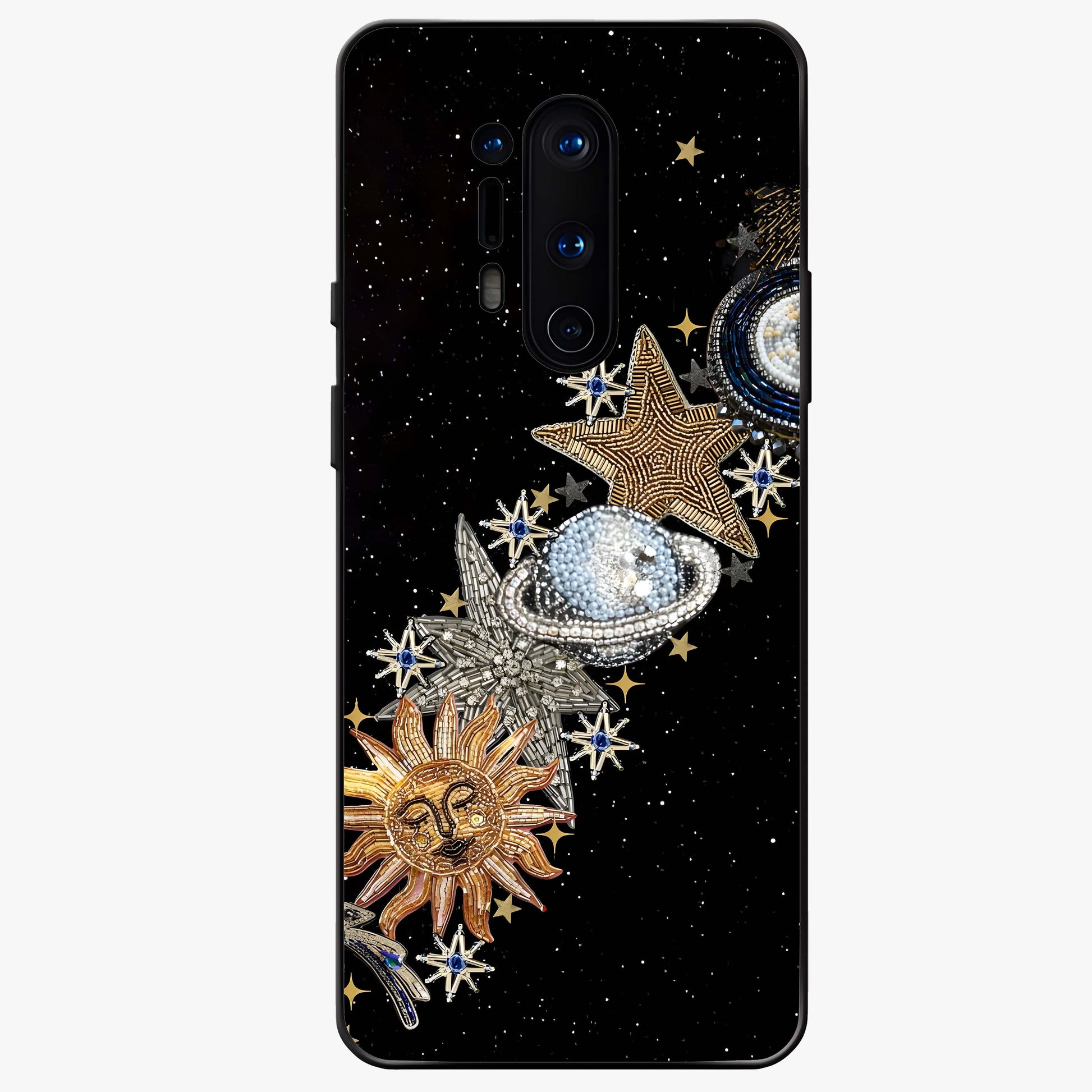 Pearls Universe Object Glass Case showing flat back view with pearl inspired cosmic artwork and glossy glass finish.