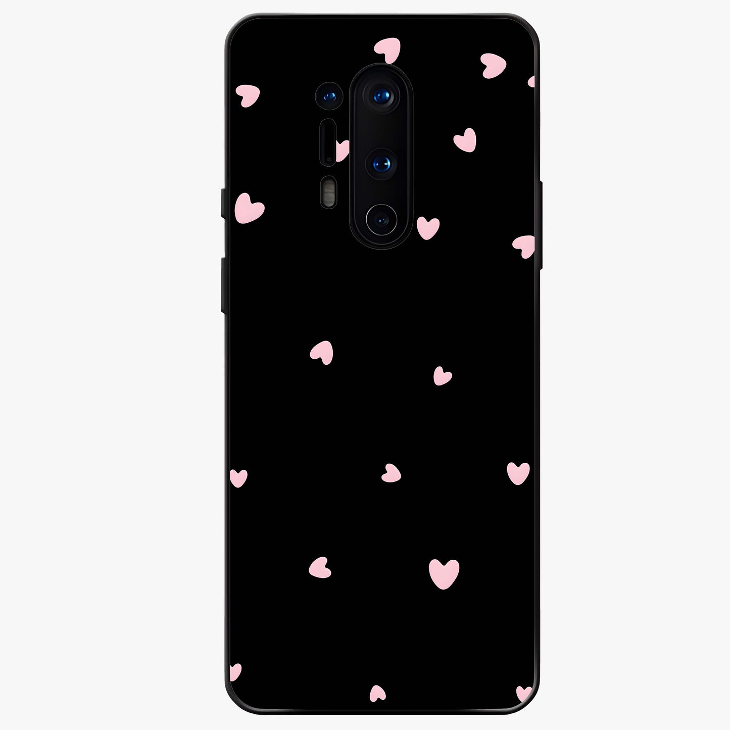 Pink Love Drops Glass Case showing flat back view with playful pink heart drops artwork and glossy glass finish.
