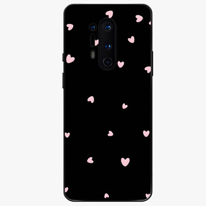 Pink Love Drops Glass Case showing flat back view with playful pink heart drops artwork and glossy glass finish.