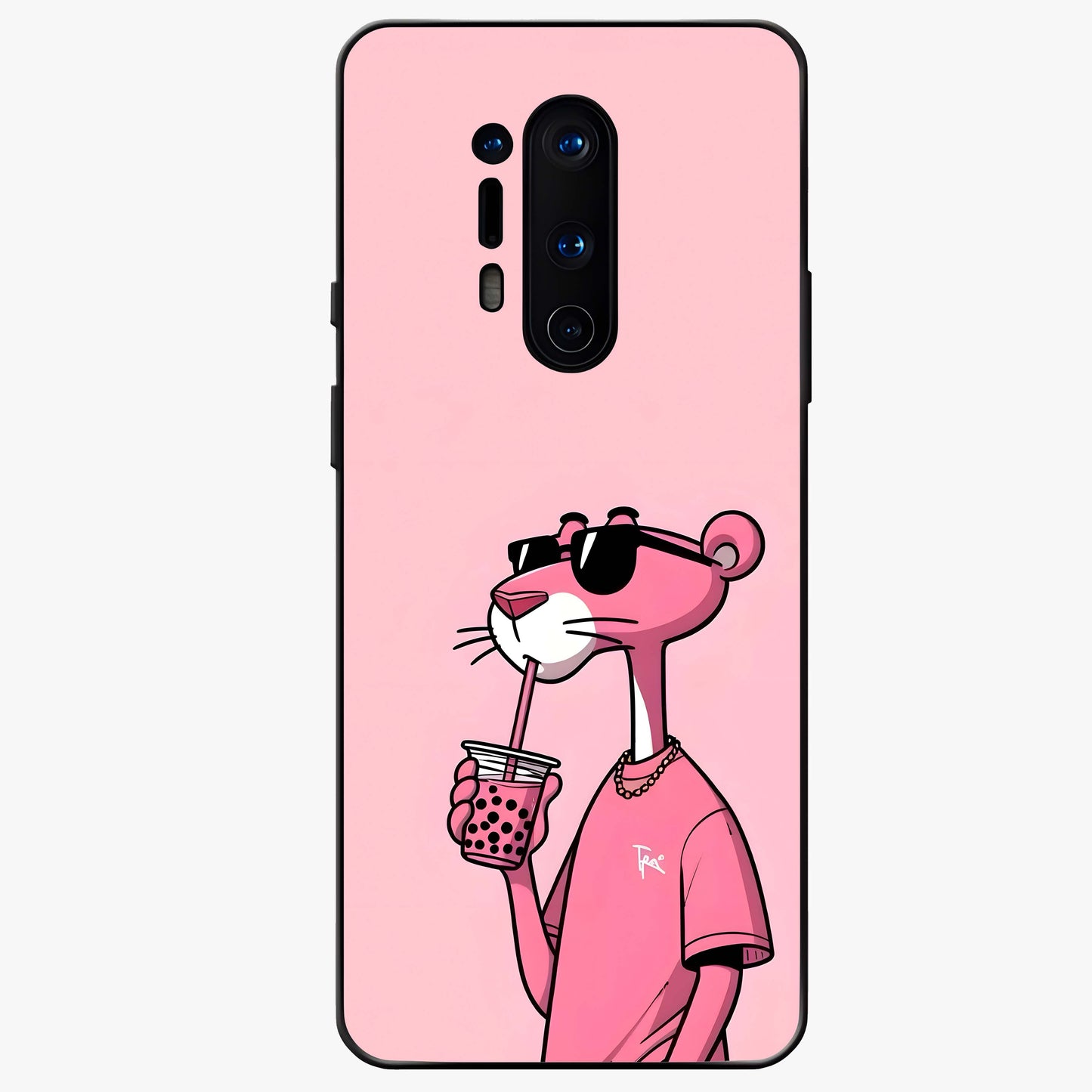 Pink Panther Glass Case showing flat back view with iconic pink panther artwork and glossy glass finish.